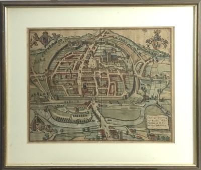 Lot 237 - 17th century hand coloured engraving- map of Exeter