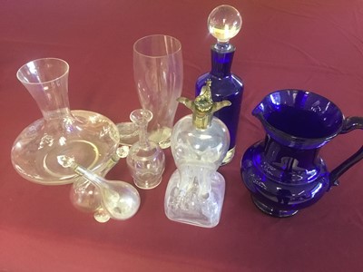 Lot 139 - Edwardian glass spirit decanter with silver collar and plated stopper, silver mounted oil and vinegar bottle, Bristol blue glass jug and other glassware
