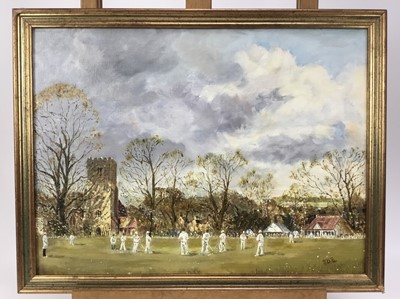 Lot 160 - J.D. Spreston, oil on artist board, "The Opening Match", initialled also 
inscribed verso, in gilt frame. 30 x 40cm.