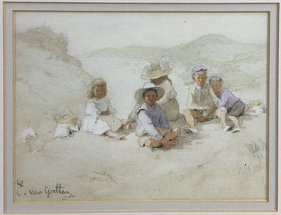 Lot 147 - Edward Van Goethem (1857 - 1924), watercolour,  
Children sitting on a sand dune, in gilt 
frame, signed. 13.5 x 17.5cm.