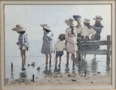 Lot 149 - Edward Van Goethem (1857 - 1924), watercolour, Children paddling at the beach, signed, 
in gilt frame. 13.5 x 17.5cm.