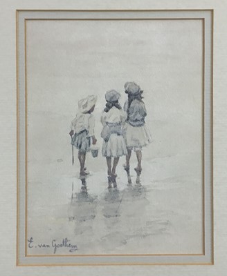 Lot 148 - Edward Van Goethem (1857 - 1924), watercolour,  
Three children paddling, signed, 
in gilt frame. 18 x 13cm.