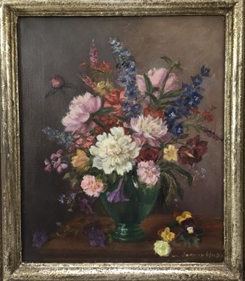 Lot 155 - Attributed to Vernon de Beauvoir Ward (1905 - 1985),  
oil 
on canvas,  
A still life of summer flowers in a vase on a ledge, signed, in silvered frame. 29 x 24cm.