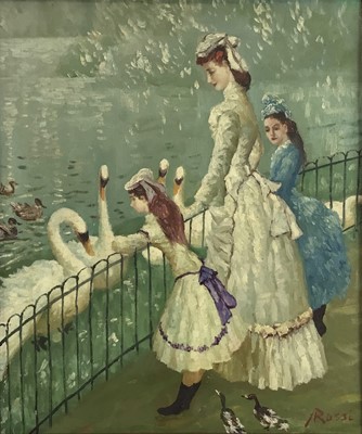 Lot 150 - Felix Rossi, oil on board, 
An elegant lady and her children feeding swans, signed, in painted frame. 45 x 37cm.