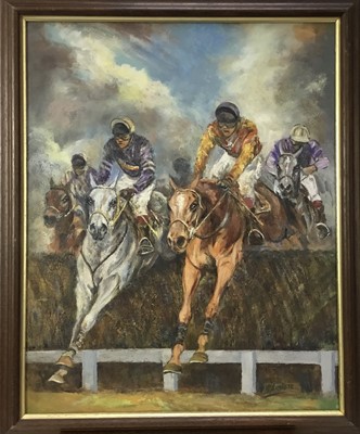 Lot 163 - B. Arnete, oil on canvas board, "Taking a fence",  signed, on 
stained and gilt frame. 49 x 39cm.