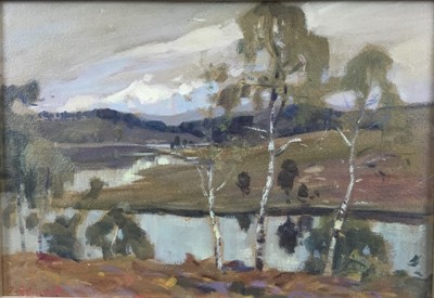 Lot 156 - Jean Remond (1872 - 1913), oil on board, A river landscape with silver birch trees, signed, in gilt frame. 23 x 33cm.