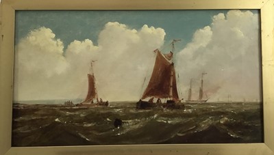 Lot 157 - 19th Century English School, oil on canvas, A fishing vessel off the coast, a merchant ship beyond, 
in gilt frame. 24 x 44cm.