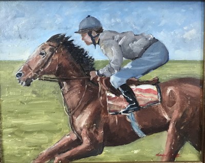 Lot 159 - David Baxter of Norwich, oil on board,  
A racehorse with jockey up, signed, 
in gilt frame. 24 x 30cm.