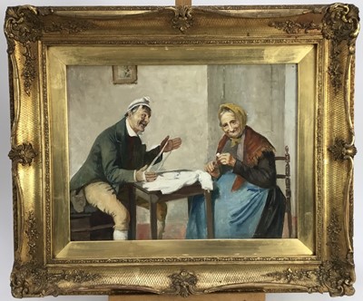 Lot 166 - Late 19th Century Italian School 
An elderly couple seated at a table winding wool, oil on canvas, in elegant gilt frame. 34 x 44cm.