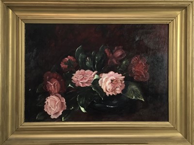 Lot 162 - Eley McQueen (circa 1983), oil on board, "Roses", signed, also inscribed verso, 
in gilt frame. 30 x 44cm.