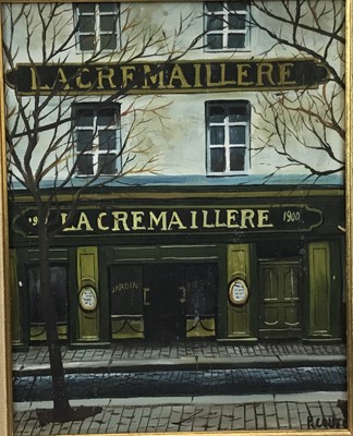 Lot 165 - French School, oil on canvas, 
A street scene outside La Cremaillere, oil on canvas, 
indistinctly signed, in gilt frame. 25 x 19cm.