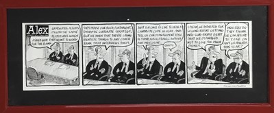 Lot 128 - Charles Peattie & Russell Taylor, original 'Alex' cartoon strip, featured in The Daily Telegraph 2008, signed, 37 x 11cm, glazed frame with explanatory note verso