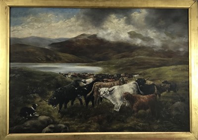 Lot 131 - After Henry Garland (act. 1854-1890) oil on canvas, Sheepdog and highland cattle before a loch, indistinctly signed verso and inscribed 'After H Garland, Turning the drove'