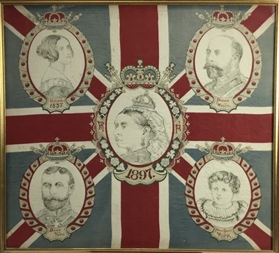 Lot 176 - Queen Victoria diamond jubilee commemorative scarf, framed 65 x 70cm