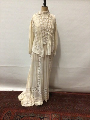 Lot 2058 - Edwardian skirt and blouse suit.  Cream polka dot cotton with lace panels and inserts.