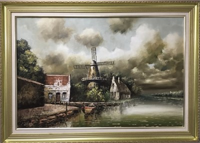 Lot 234 - 20th century, Continental School, oil on canvas - Dutch River landscape in gilt frame