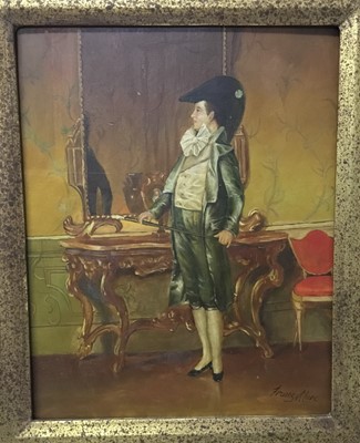 Lot 235 - Franz Marc, oil on panel - a dandy before a mirror, signed, in gilt frame