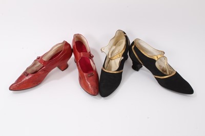 Lot 2061 - Two pairs of 1920's shoes.  One pair is red leather with small button fastening and other pair is black satin with gold trim and buckle fastening , retailer Handley's Ltd Southsea.