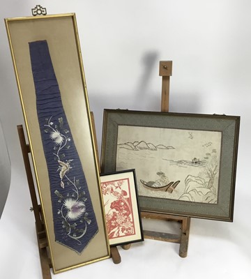 Lot 236 - Group of Chinese pictures and prints to include a embroided silk panel, set of cut paper pictures, prints in Chinese frames and others (11)