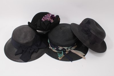 Lot 2068 - Three Edwardain navy straw hats plus one 1940's shaped felt hat with fabric Forget Me Knot flowers.
