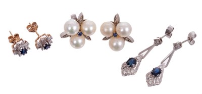 Lot 543 - Two pairs of diamond and sapphire earrings and a pair of cultured pearl earrings