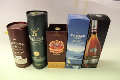 Lot 2355 - Selection of scotch whisky, including Aberlour, Talisker Skye, Chivas Regal, and Glenfiddich, together with a bottle of Remy Martin (5)