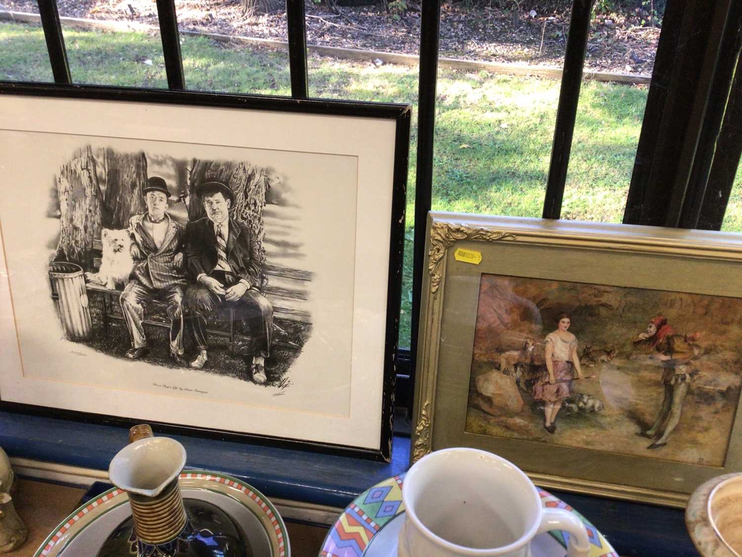 Lot 55 - Late Victorian watercolour study of a lady and a Jester monogrammed JB 1901 together with a limited edition Laurel & Hardy print (2)