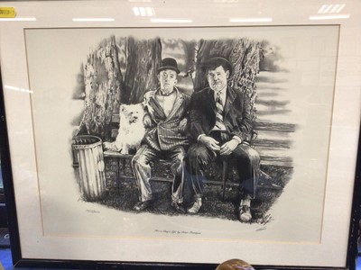 Lot 55 - Late Victorian watercolour study of a lady and a Jester monogrammed JB 1901 together with a limited edition Laurel & Hardy print (2)