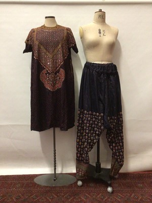 Lot 2073 - Ladies Vintage Indian Silk outfit comprising of tunic top and loose trousers with ankle cuffs.  Tiny handstitched embroidery and mirror-work.