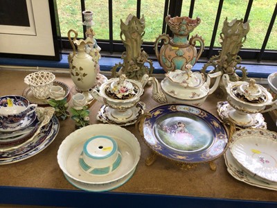 Lot 27 - Pair of mid 19th century Derby pedestal tureens, Victorian Copeland teapot, pair of continental figural vases and other antique decorative china