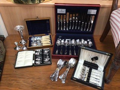 Lot 60 - Silver spill vase, pair of silver candlesticks together with a Viners canteen, other cutlery and plated items