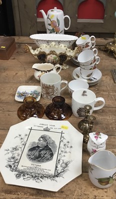 Lot 82 - Royal Worcester Evesham 6 place coffee set, together with a pair of Davidson cloud glass candlesticks, Victorian and later commerative ceramics and other items