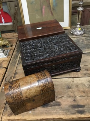 Lot 86 - 19th century Anglo-Indian carved and pierced box with finely pierced floral decoration, 34cm, Victorian rosewood veneered writing box with fitted interior and a Victorian dome topped and parquetry...