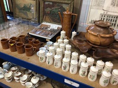 Lot 131 - Sundry items, including silver plated cutlery, Portmeirion Totem pattern coffee set, set of glassware and matching decanter, Gresham fairy spice pots, and a wooden hors d'oeuvres set