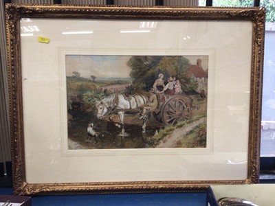 Lot 165 - School of Birkett-Foster- watercolour cart and figures crossing stream and another small oval watercolour Harvesnting