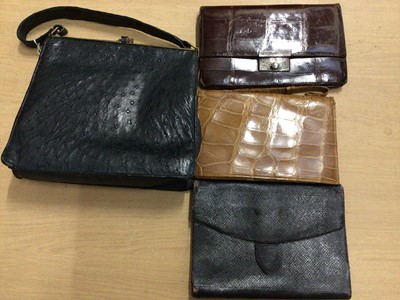 Lot 2097 - Ostrich feather fan, ostrich leather bag, crocodile leather bag with silver clasp and one other
