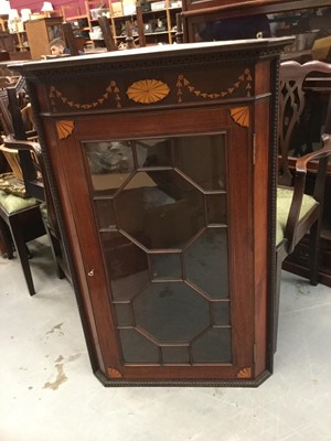 Lot 940 - Edwardian mahogany hanging corner cupboard with glazed door and inlaid decoration