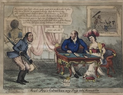 Lot 70 - Henry Heath, Paul pry's extrachan ary peep into Piccadillo, rare hand-coloured etching dated May 29 1826, published by S.W. Fores, framed and glazed
