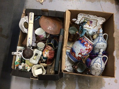 Lot 109 - Two boxes of sundries, including china, pair of Scottish whisky decanters, etc