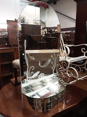 Lot 1104 - Art Deco bathroom mirror with etched octopus and fish design and two mirrored doors below, together with two Art Deco tinted and bevelled glass wall mirrors