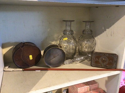 Lot 159 - Cooke & Sons brass barometer in case, bone handled swagger stick, a Queen Mary gift tin and a pair of Edwardian decanters
