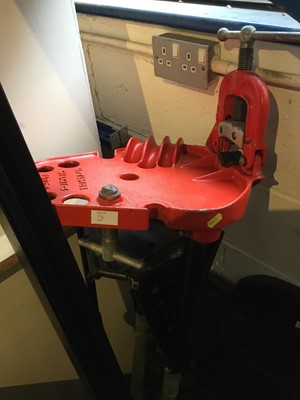Lot 316 - Tool bending stand, Seagull outboard motor and dolly wheels for boat