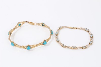 Lot 134 - 9ct gold turquoise bracelet and 9ct gold pale blue stone and diamond set bracelet