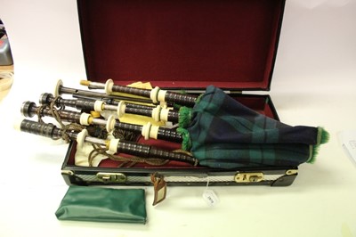 Lot 2392 - Set of 20th century Scottish bagpipes, probably by David Naill & Co. with silver and ivory mounts (Birmingham 1965), maker Peter Narborough.