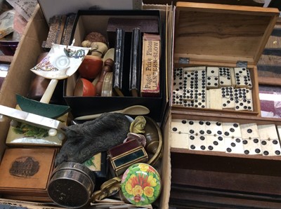 Lot 114 - Miscellaneous group of items to include Edwardian novelty mother of pearl pocket watch stand, old dominoes, and sundries