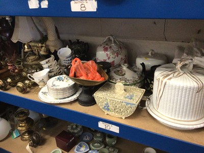 Lot 142 - Sundry items, including ceramic cheese domes and tea wares, brass GWR lamps, onyx items, scales, etc