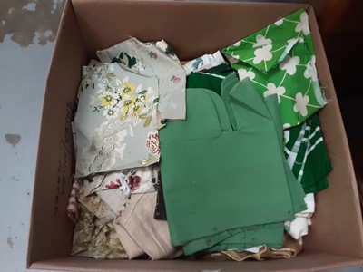 Lot 128 - Large quantity of vintage fabrics, samples, lengths and pieces including Colefax & Fowlers glazed cottons, printed cotton, velvet, damask, in two boxes.