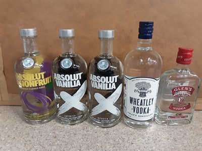 Lot 18 - Three bottles of Absolut Vodka 70cl, bottle of Wheatley Vodka 70cl and a bottle of Glen's Vodka 35cl (5)