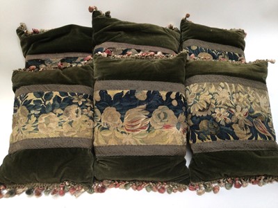 Lot 2078 - Six velvet cushions with 18th century tapestry panels.
