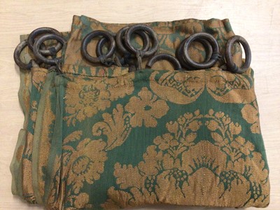 Lot 2080 - Pair of  door damask curtains in floral green and cream. Gold and green door curtain. Plus some other pieces of damask fabric and a woven cotton runner.